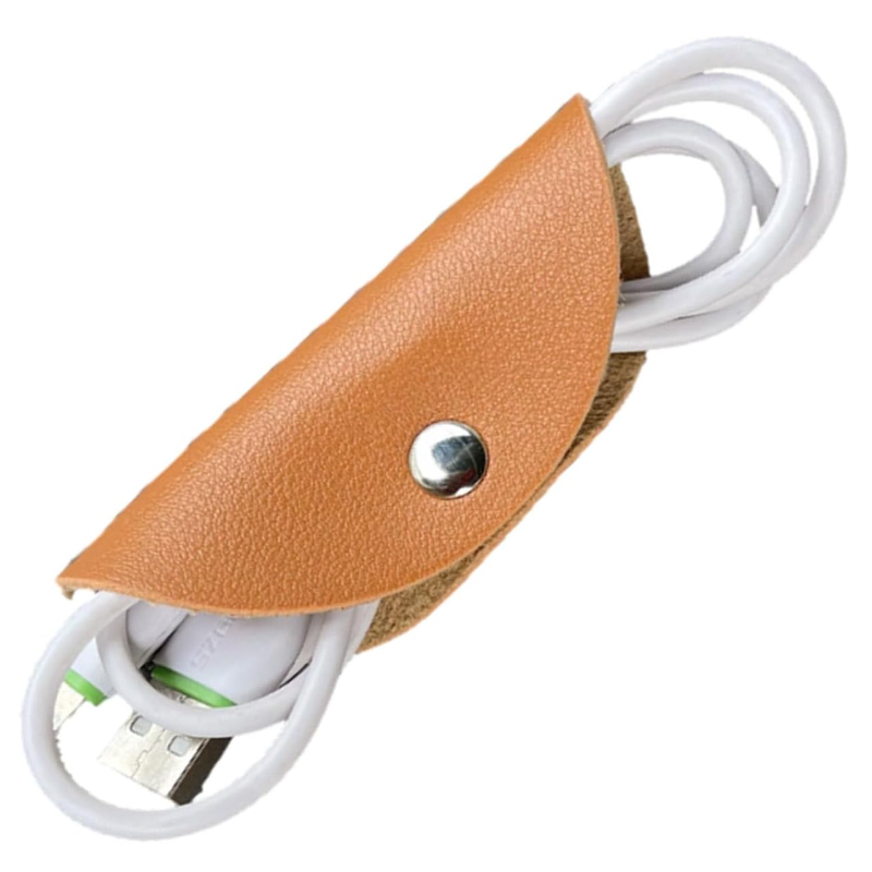 Tan PU leather snap-closure cable organiser holding a white cable